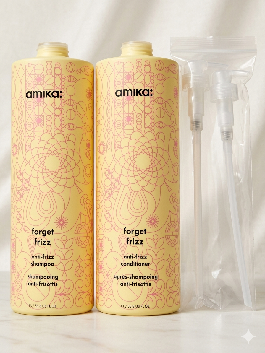 Amika Forget Frizz Shampoo and Conditioner 33.8 FL. OZ. Set with Pump