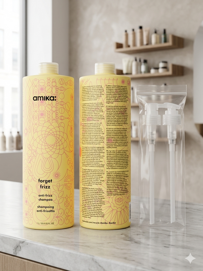 Amika Forget Frizz Shampoo and Conditioner 33.8 FL. OZ. Set with Pump